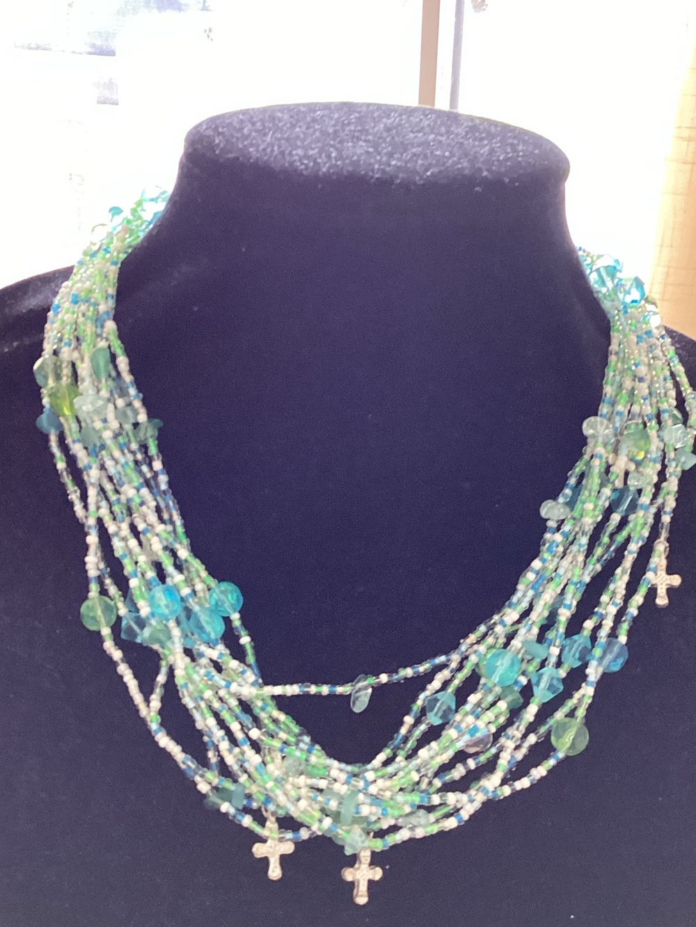 Multi-Strand Beaded Cross Necklace in Aqua Green
